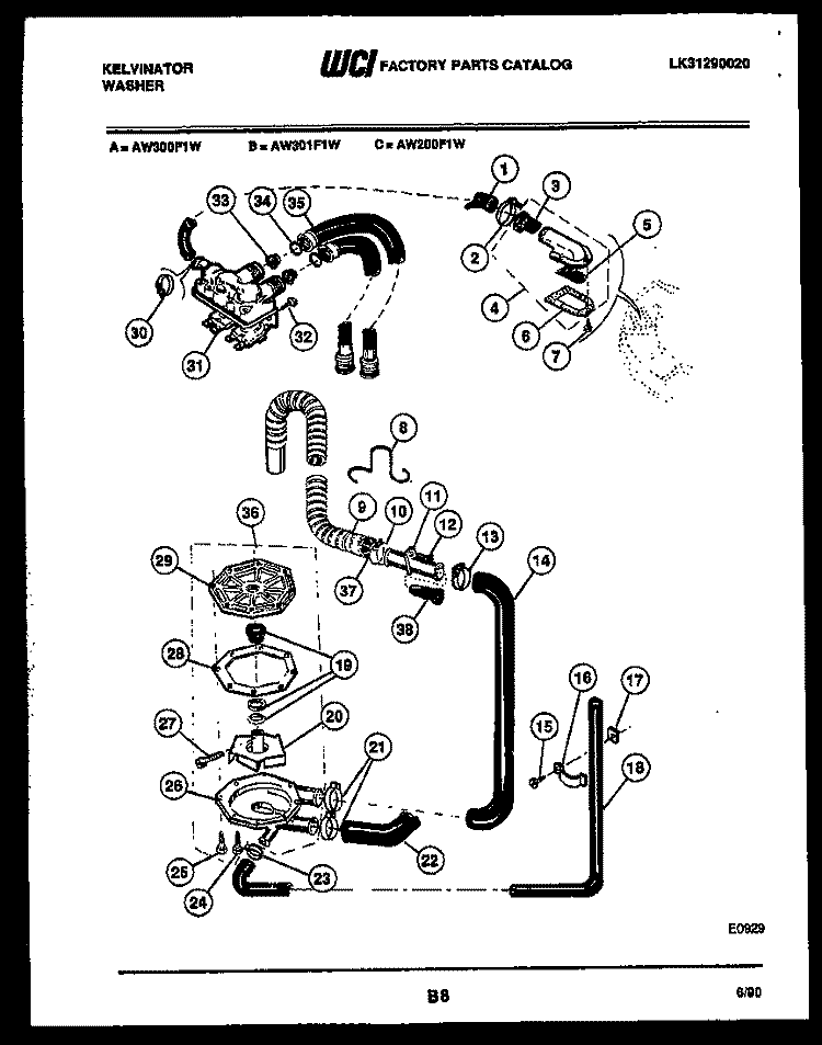 PUMP, WATER VALVE, WATER INLET Diagram and Parts List for AW301F1D  Kelvinator Washer