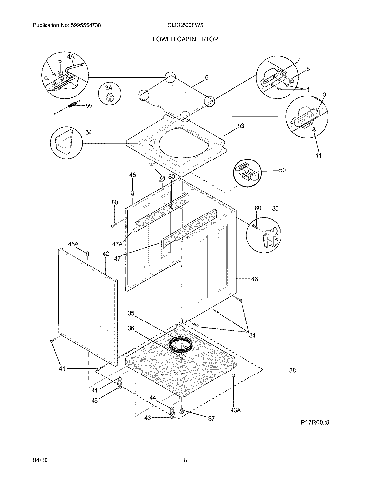 LOWER CABINET/TOP Diagram and Parts List for CLCG500FW5  Crosley Washer Dryer Combo