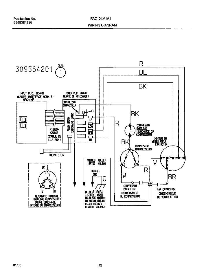 WIRING DIAGRAM Diagram and Parts List for FAC104M1A1  Frigidaire Air Conditioner