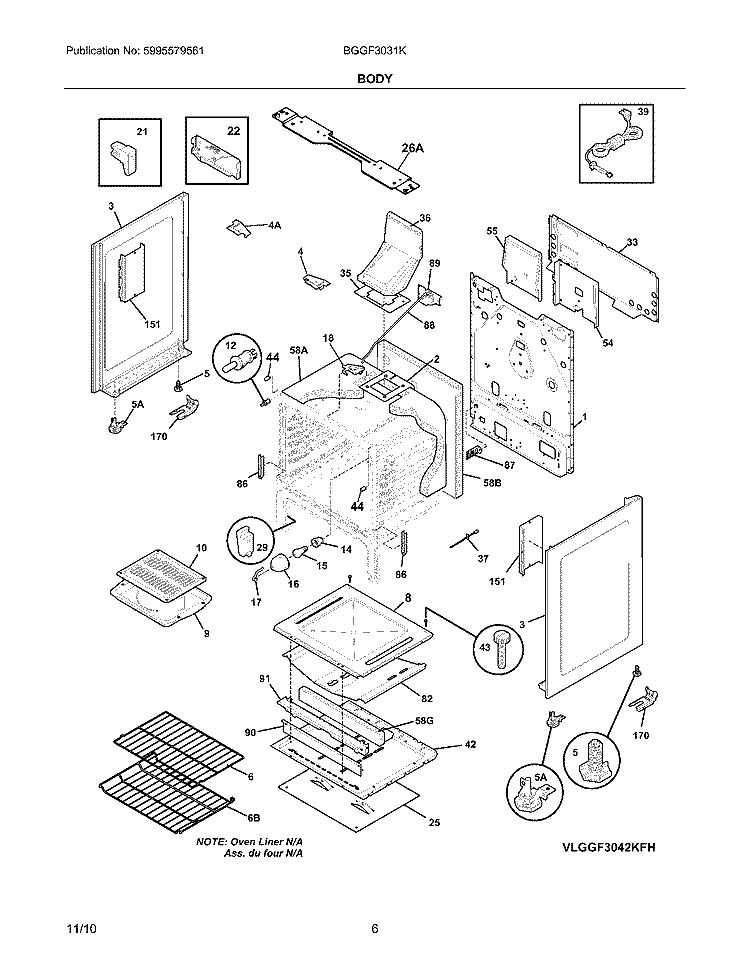 BODY Diagram and Parts List for BGGF3031KWH  Frigidaire Range