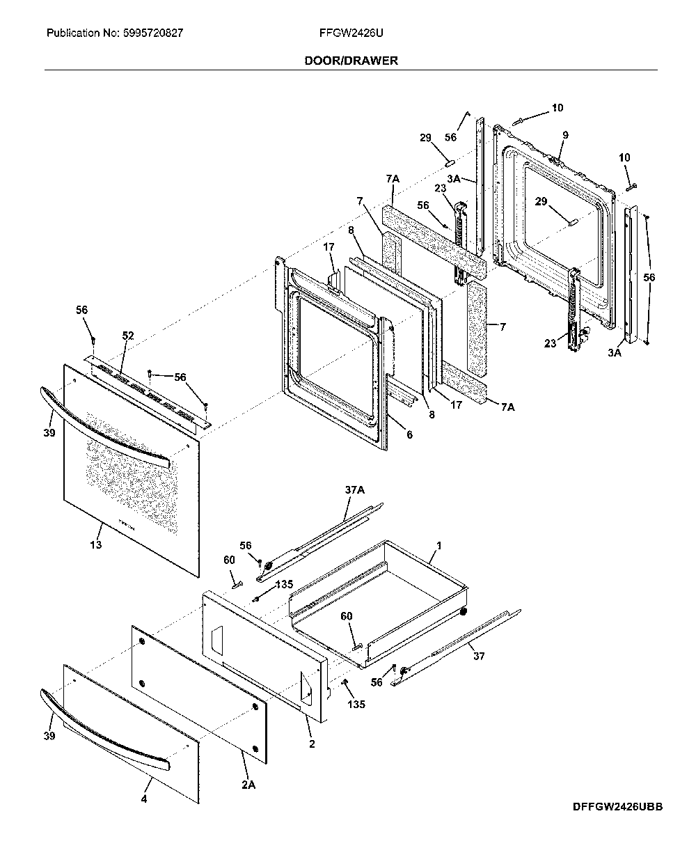 Door Diagram and Parts List for FFGW2426UBB  Frigidaire Wall Oven