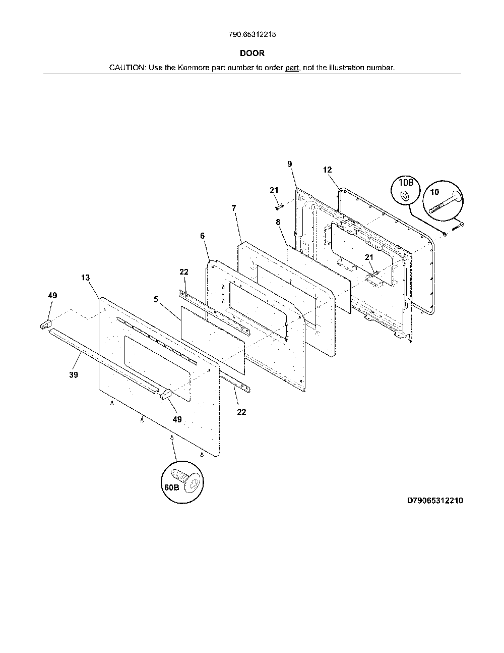Door Diagram and Parts List for 79065312215  Kenmore Range