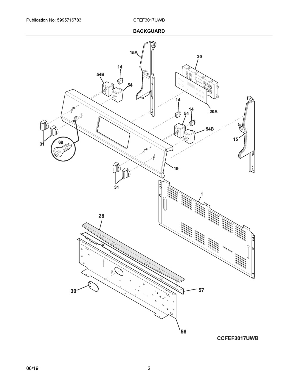 Backguard Diagram and Parts List for CFEF3017UWB  Frigidaire Range