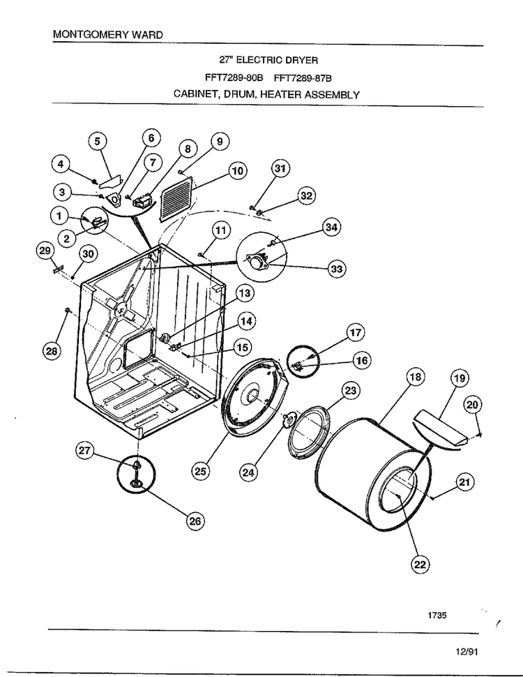 Cabinet/drum/heater Assembly Diagram and Parts List for 7289-80B  Frigidaire Dryer