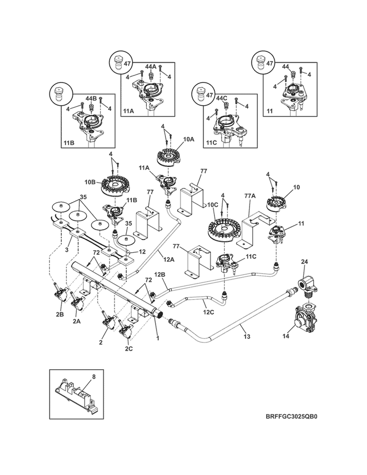 Burner Diagram and Parts List for FFGC3025QSA  Frigidaire Cooktop