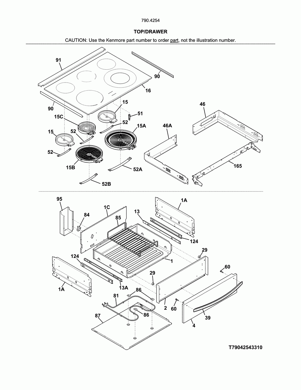 Top/drawer Diagram and Parts List for 79042543318  Kenmore Range