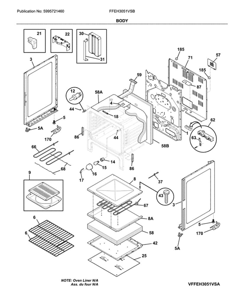 Body Diagram and Parts List for FFEH3051VSB  Frigidaire Range