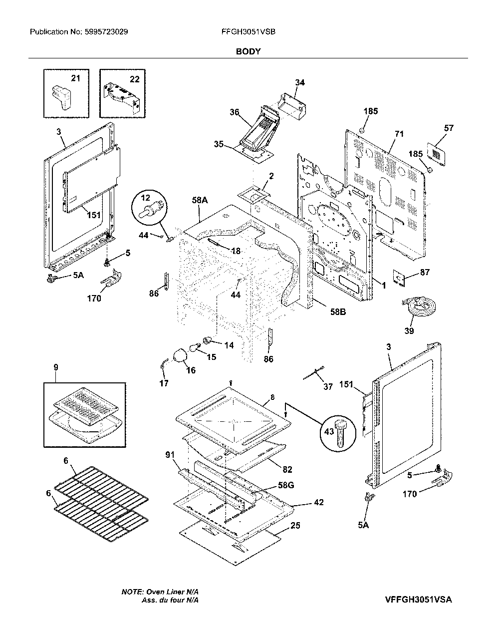 Body Diagram and Parts List for FFGH3051VSB  Frigidaire Range