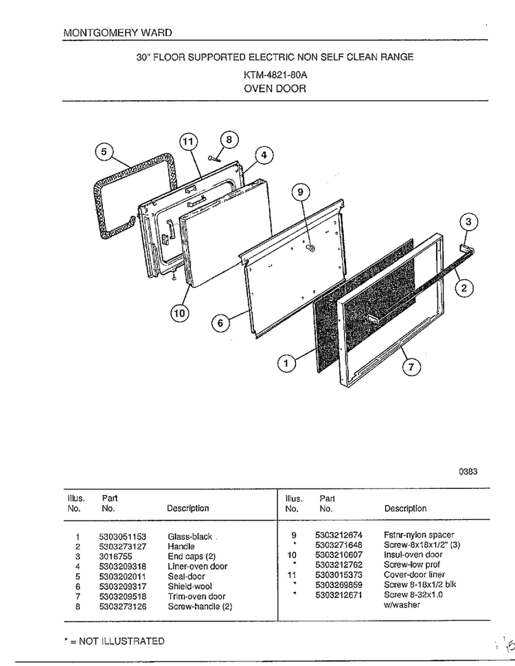 Oven Door Diagram and Parts List for 4821A  Frigidaire Range