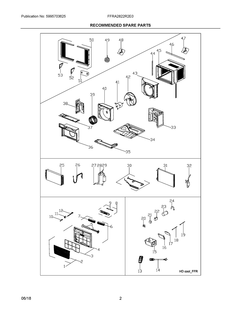 Recommended Spare Parts Diagram and Parts List for FFRA2822R2E0  Frigidaire Air Conditioner