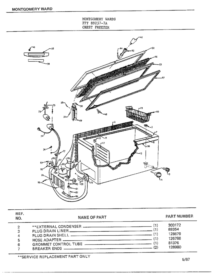 Chest Freezer Diagram and Parts List for 89257-7A  Frigidaire Freezer