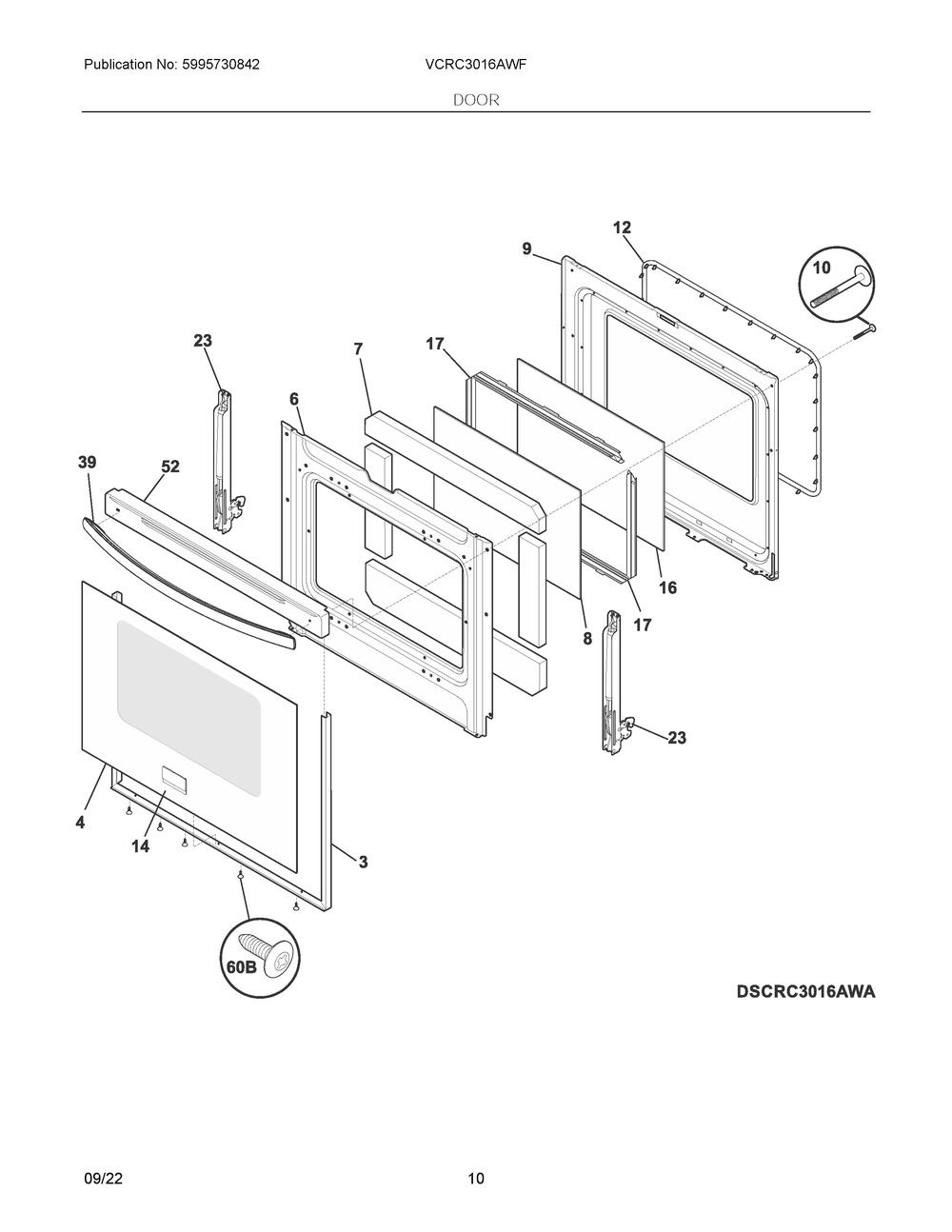 Door Diagram and Parts List for VCRC3016AWF  Frigidaire Range