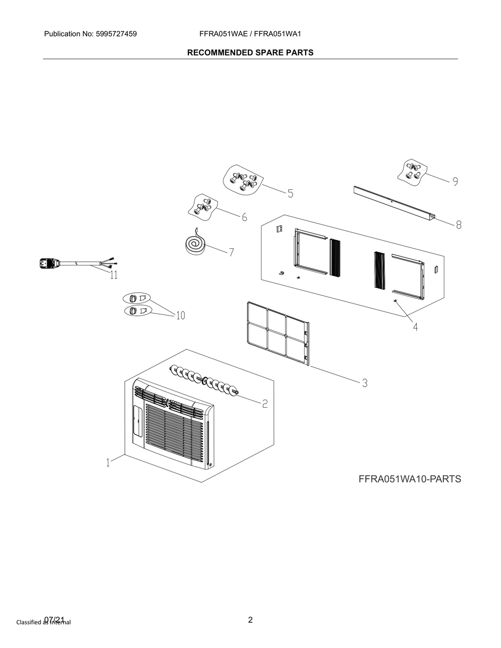 Recommended Spare Parts Diagram and Parts List for FFRA051WA12  Frigidaire Air Conditioner