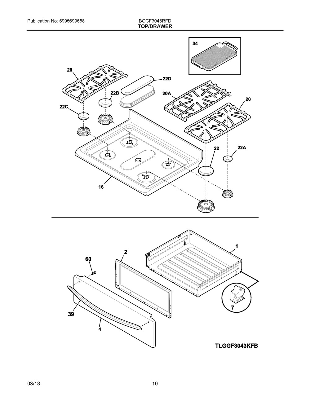 Top/drawer Diagram and Parts List for BGGF3045RFD  Frigidaire Range