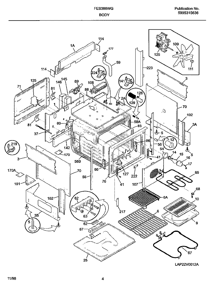 BODY Diagram and Parts List for FES388WGCC  Frigidaire Range