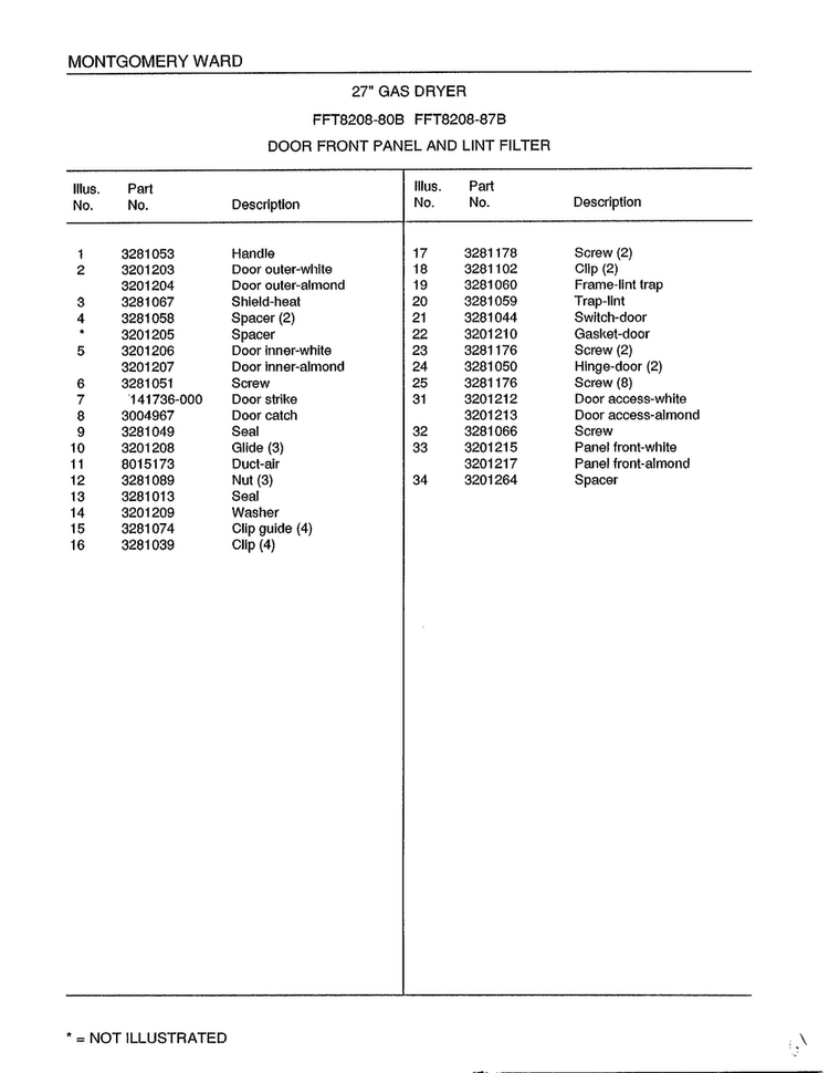 Door Front Panel And Lint Filter Page 2 Diagram and Parts List for 8208B  Frigidaire Dryer