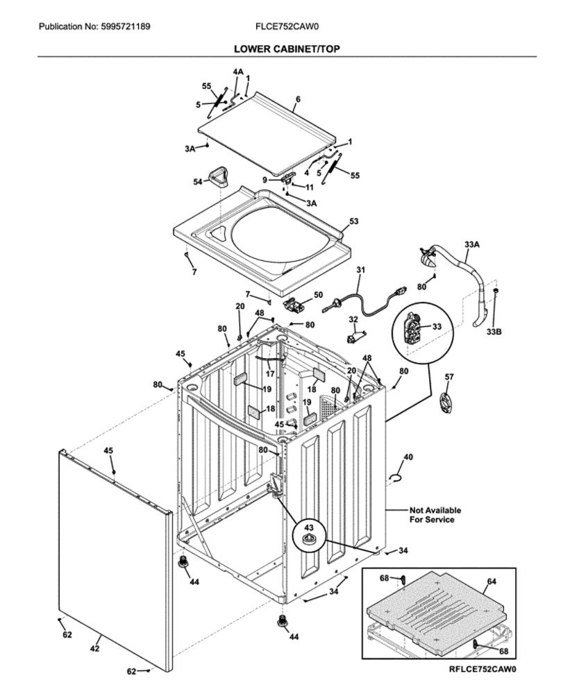 Lower Cabinet/Top Diagram and Parts List for FLCE752CAW0  Frigidaire Washer Dryer Combo