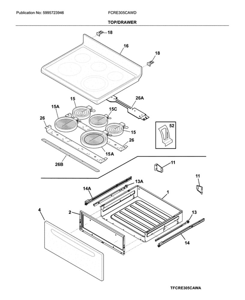 Top/Drawer Diagram and Parts List for FCRE305CAWD  Frigidaire Range