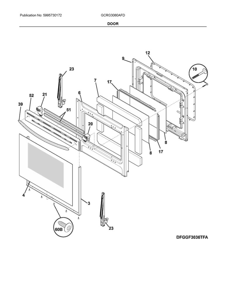 Door Diagram and Parts List for GCRG3060AFD  Frigidaire Range