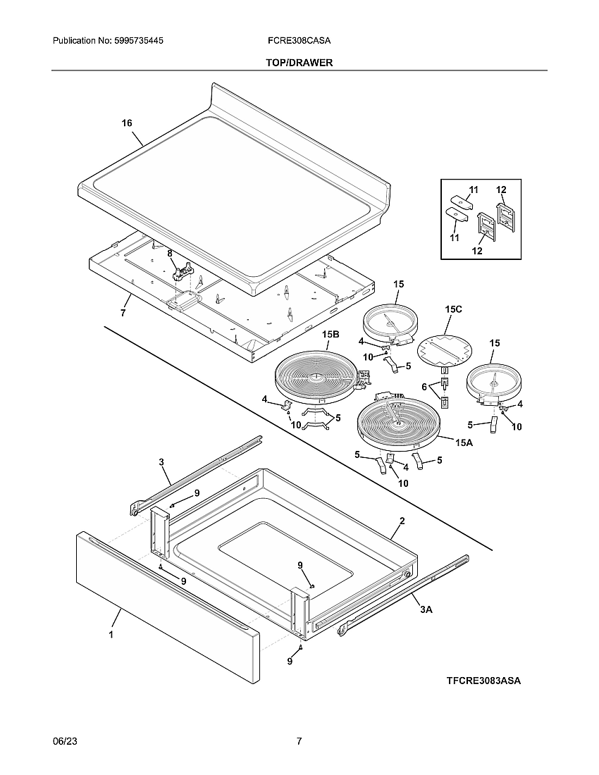 Top/Drawer Diagram and Parts List for FCRE308CASA  Frigidaire Range