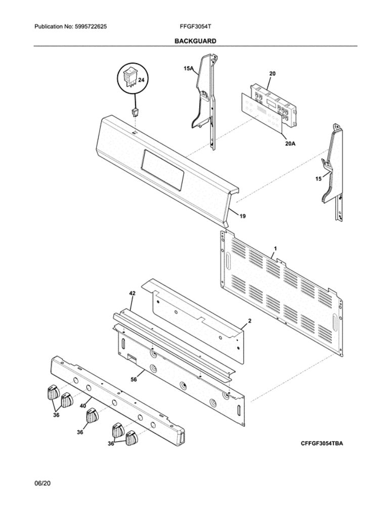 Backguard Diagram and Parts List for FFGF3054TBF  Frigidaire Range