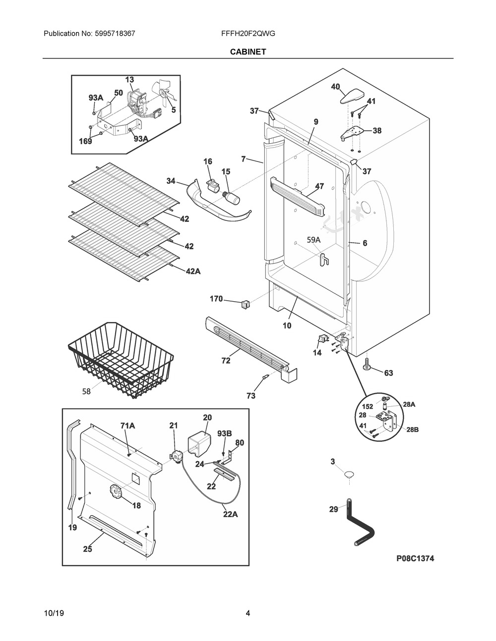 Cabinet Diagram and Parts List for FFFH20F2QWG  Frigidaire Freezer