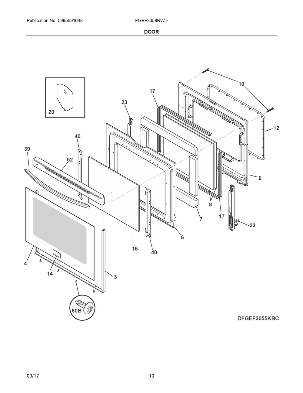 Door Diagram and Parts List for FGEF3058RWD  Frigidaire Range