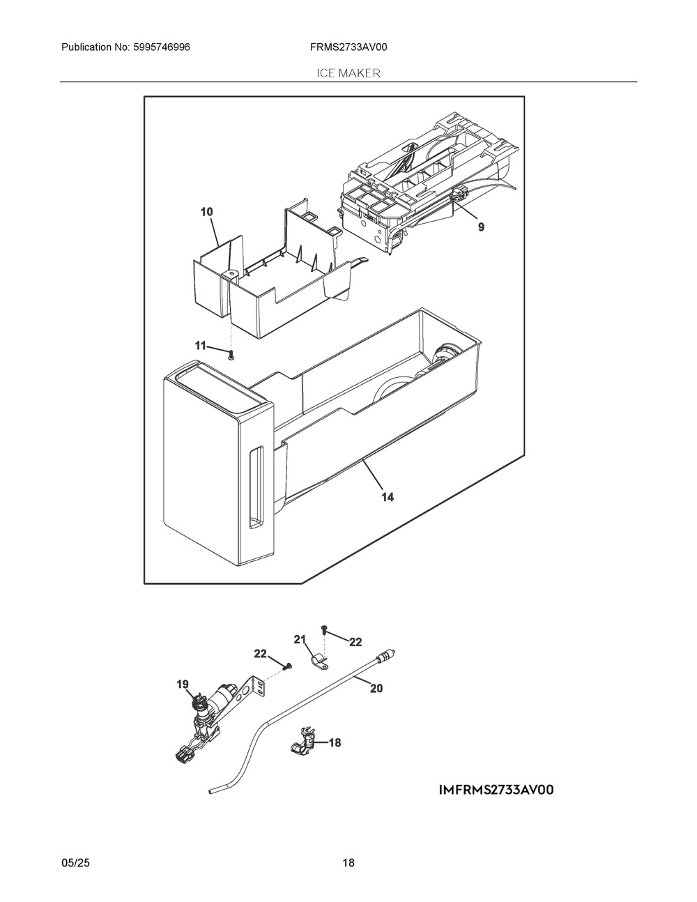 Ice Maker Diagram and Parts List for FRMS2733AV00  Frigidaire Refrigerator