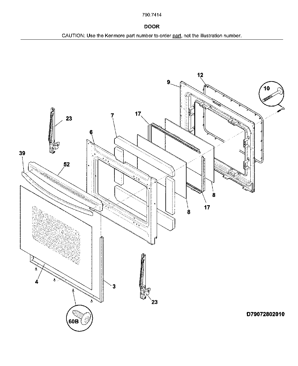 Door Diagram and Parts List for 79074149711  Kenmore Range