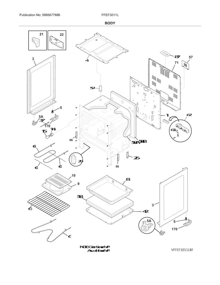 Body Diagram and Parts List for FFEF3011LBH  Frigidaire Range