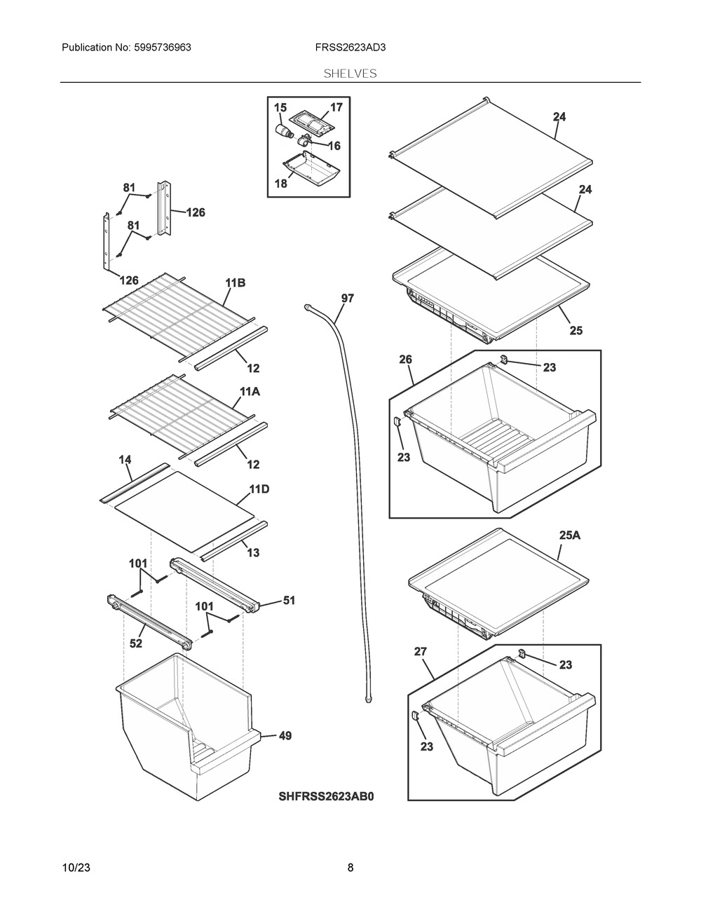 Shelves Diagram and Parts List for FRSS2623AD3  Frigidaire Refrigerator