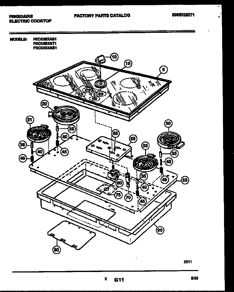 TOP / BURNERS Diagram and Parts List for FEC3X2XAW1  Frigidaire Cooktop