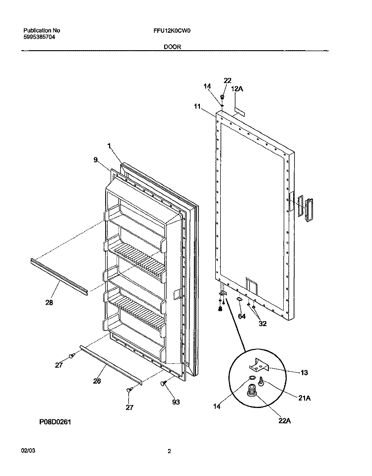 DOOR Diagram and Parts List for FFU12K0CW0  Frigidaire Freezer