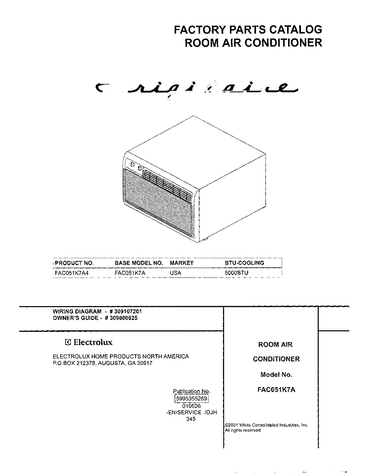 COVER Diagram and Parts List for FAC051K7A4  Frigidaire Air Conditioner