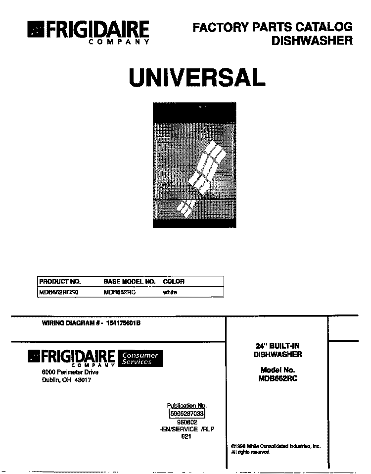 COVER Diagram and Parts List for MDB662RCS0  Frigidaire Dishwasher