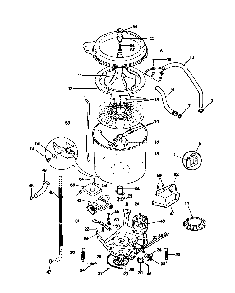 MOTOR / TUB Diagram and Parts List for F21C645CS1  Frigidaire Washer