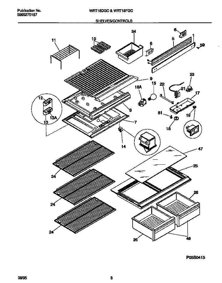 SHELVES / CONTROLS Diagram and Parts List for WRT18DGCZ1  Frigidaire Refrigerator