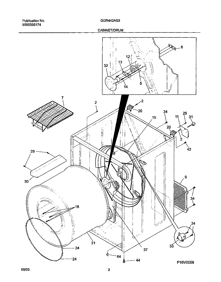 CABINET / DRUM Diagram and Parts List for GGR442AS3  Gibson Dryer