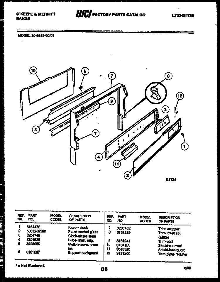 BACKGUARD Diagram and Parts List for 30-6539-00-01  Tappan Range