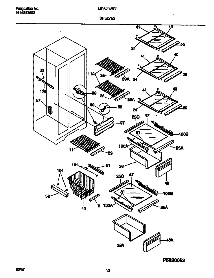 SHELVES Diagram and Parts List for MRS20WRFW0  Frigidaire Refrigerator