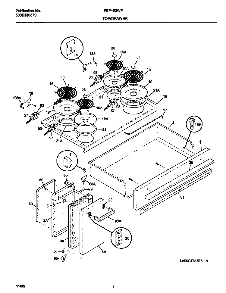 TOP / DRAWER Diagram and Parts List for FEF450WFDE  Frigidaire Range
