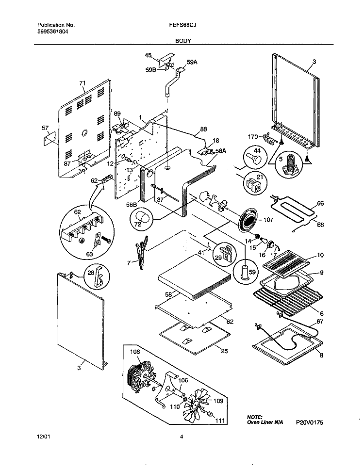 BODY Diagram and Parts List for FEFS68CJBC  Frigidaire Range
