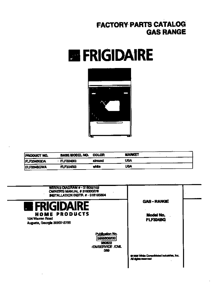 COVER Diagram and Parts List for FLF334BGDA  Frigidaire Range