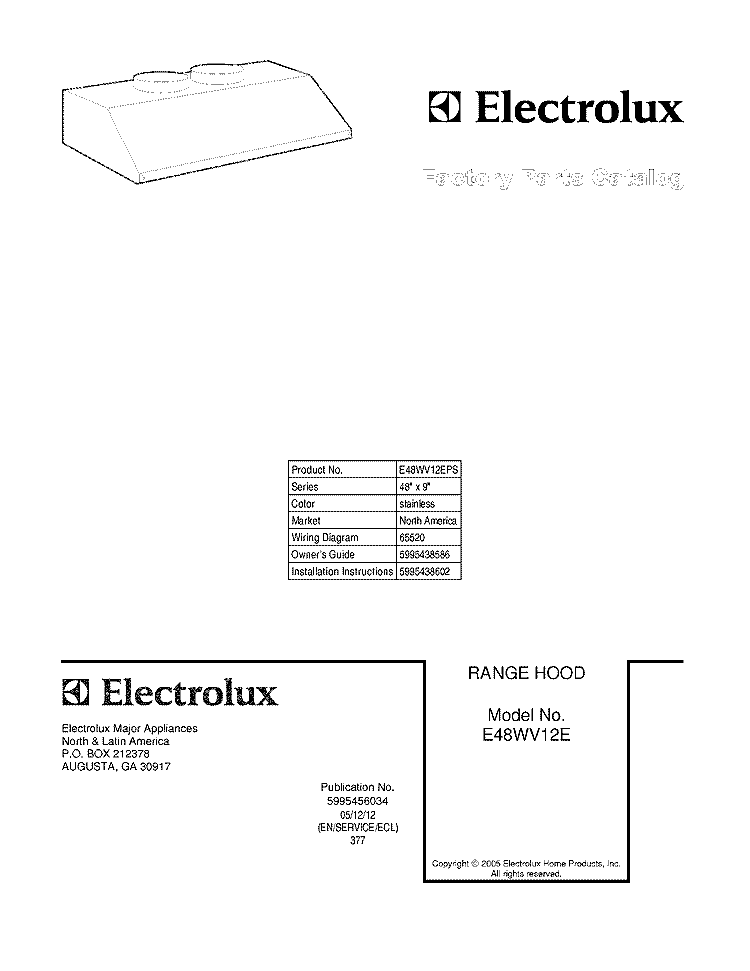 COVER Diagram and Parts List for E48WV12EPS  Electrolux Range Hood
