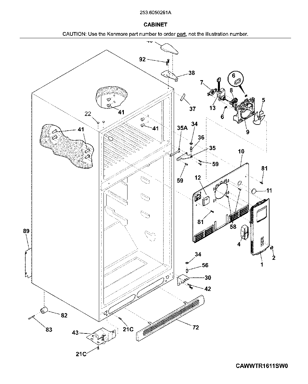 Cabinet Diagram and Parts List for 2536050261A  Kenmore Refrigerator