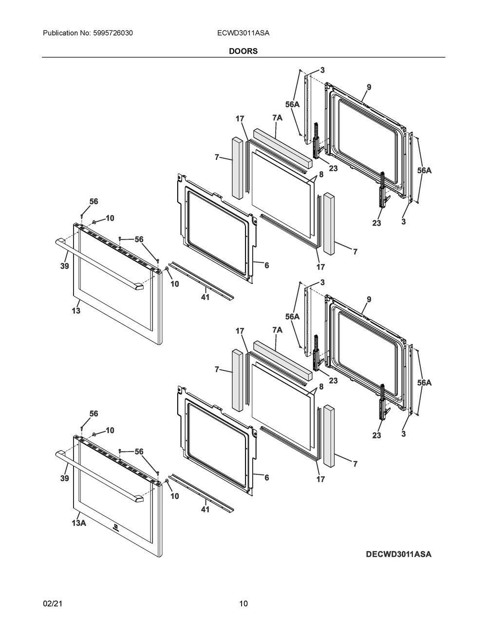 Doors Diagram and Parts List for ECWD3011ASA  Frigidaire Wall Oven
