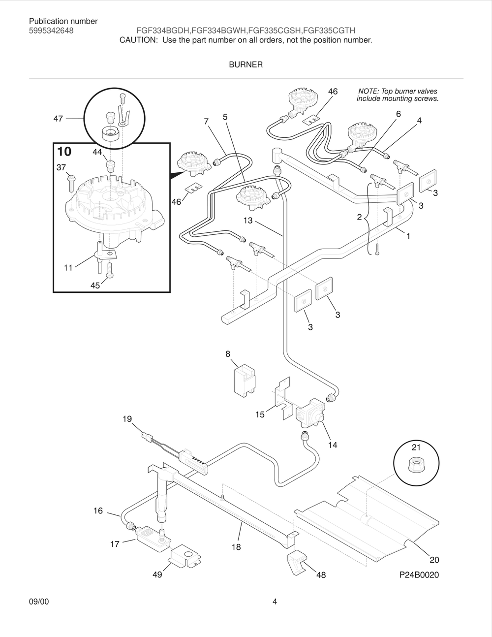Burner Diagram and Parts List for FGF335CGSH  Frigidaire Range