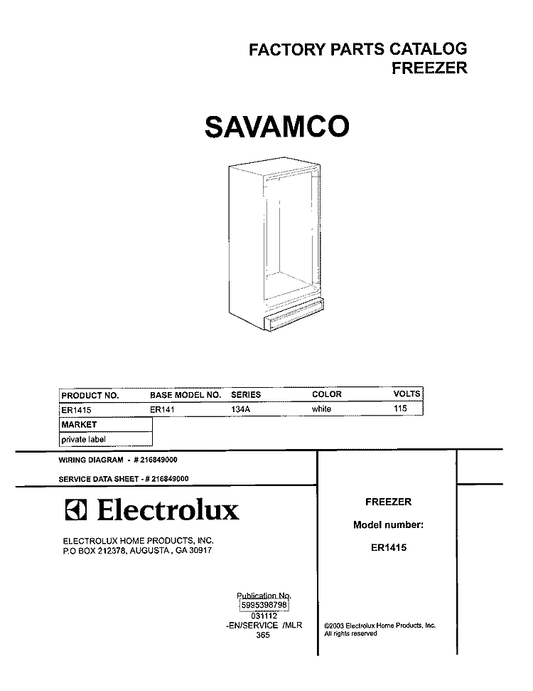 COVER Diagram and Parts List for ER1415  Frigidaire Freezer