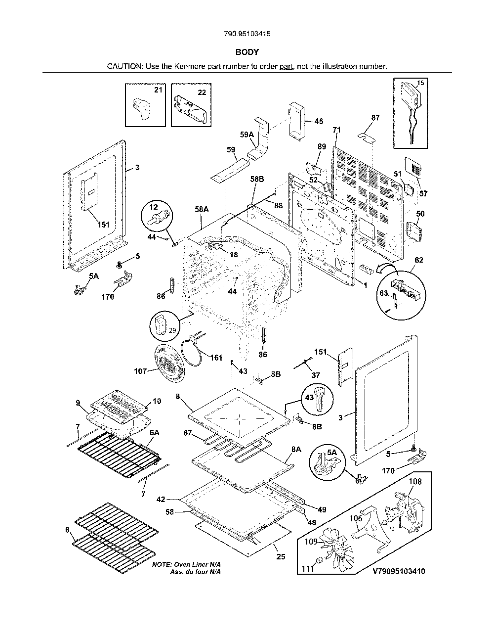 Body Diagram and Parts List for 79095103415  Kenmore Range