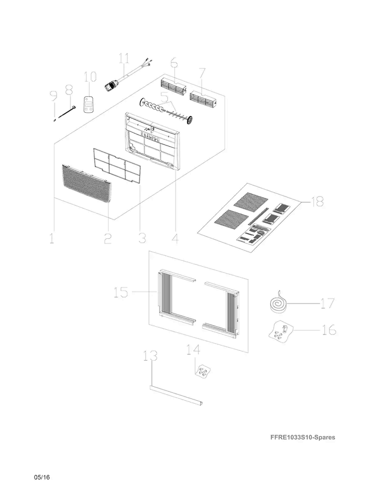 Recommended Spare Parts Diagram and Parts List for FFRE10L3S10  Frigidaire Air Conditioner